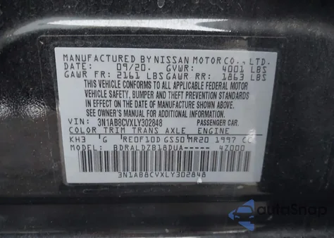 2020 Nissan Sentra Sv Xtronic Cvt из США, поврежденный, VIN 3N1AB8CVXLY302848